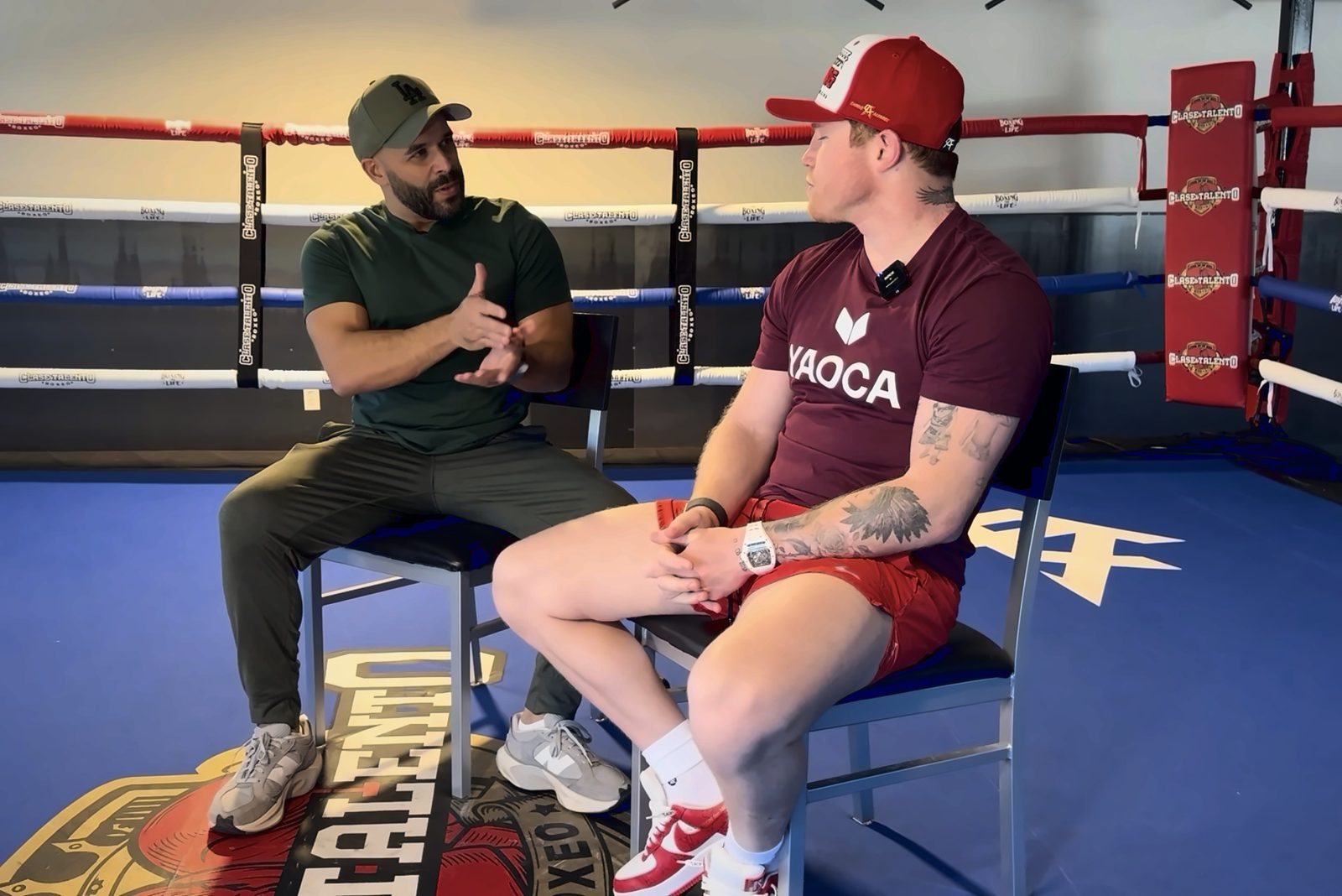 Roberto Valderrama interviews Canelo Álvarez in the ring at his Truckee camp
