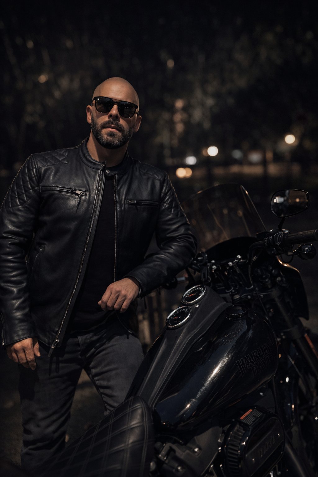Roberto Valderrama in a leather jacket beside a black Harley-Davidson at night