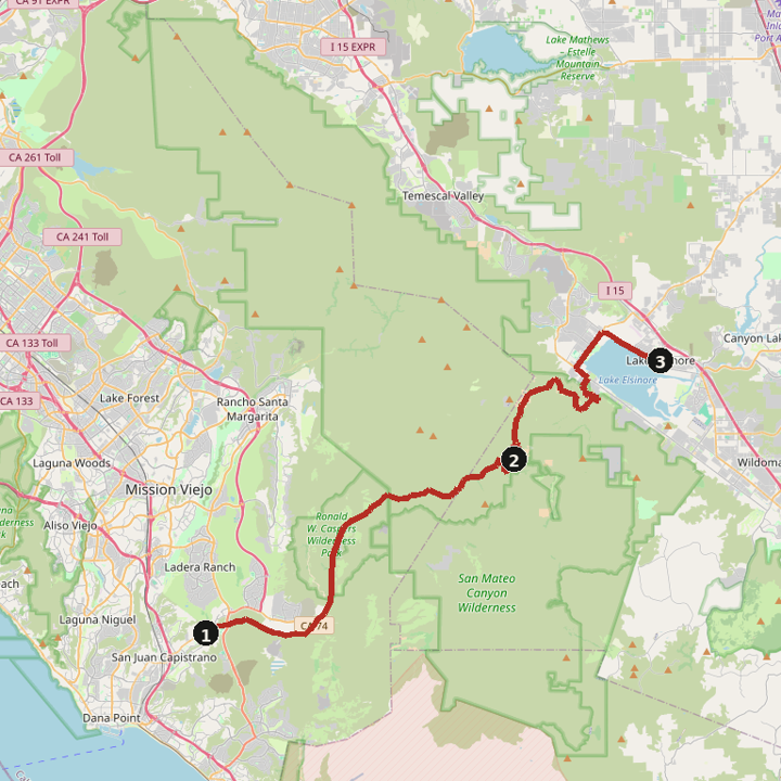 Map of Ortega Highway to Lake Elsinore
