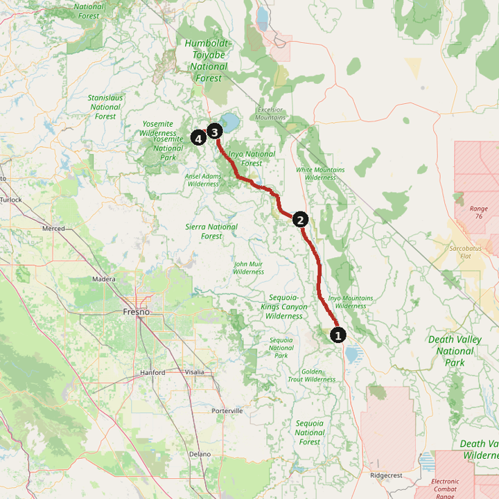 Map of US-395 and Tioga Pass